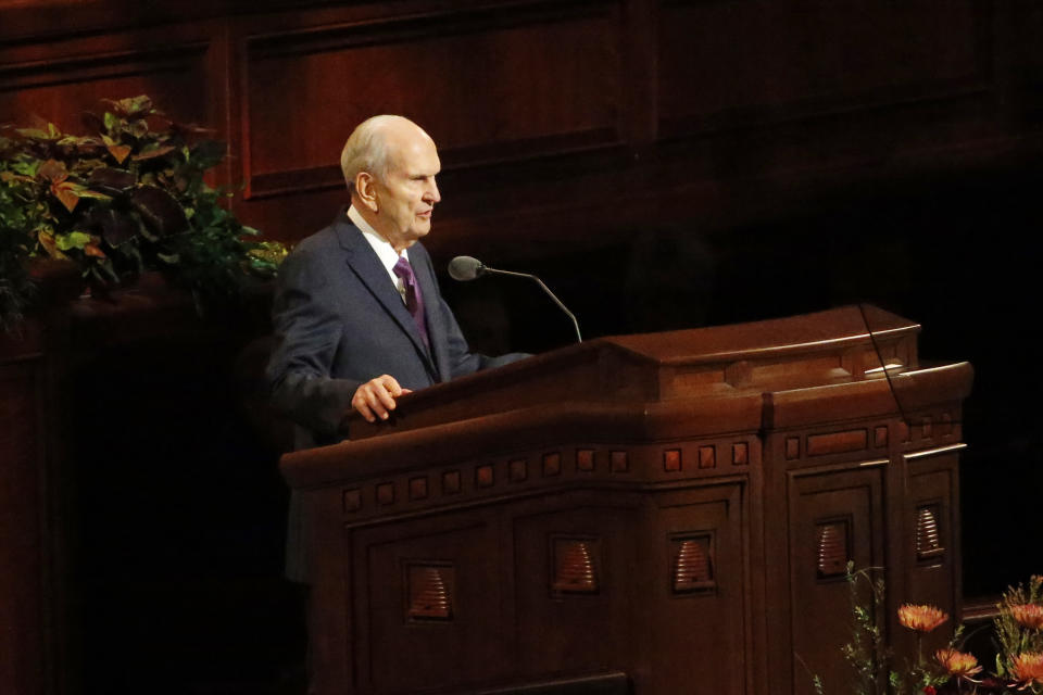 FILE - In this Oct. 5, 2019 file photo, President Russell M. Nelson speaks during The Church of Jesus Christ of Latter-day Saints' twice-annual church conference in Salt Lake City. For the third consecutive time, The Church of Jesus Christ of Latter-day Saints will hold its signature conference this weekend without attendees in person as the faith continues to take precautions amid the pandemic. Members of the Utah-based faith will instead watch on TVs, computers and tablets from their homes around the world Saturday, April 3, 2021 to hear spiritual guidance from the religion's top leaders, who will be delivering the speeches in Salt Lake City. (AP Photo/Rick Bowmer, File)