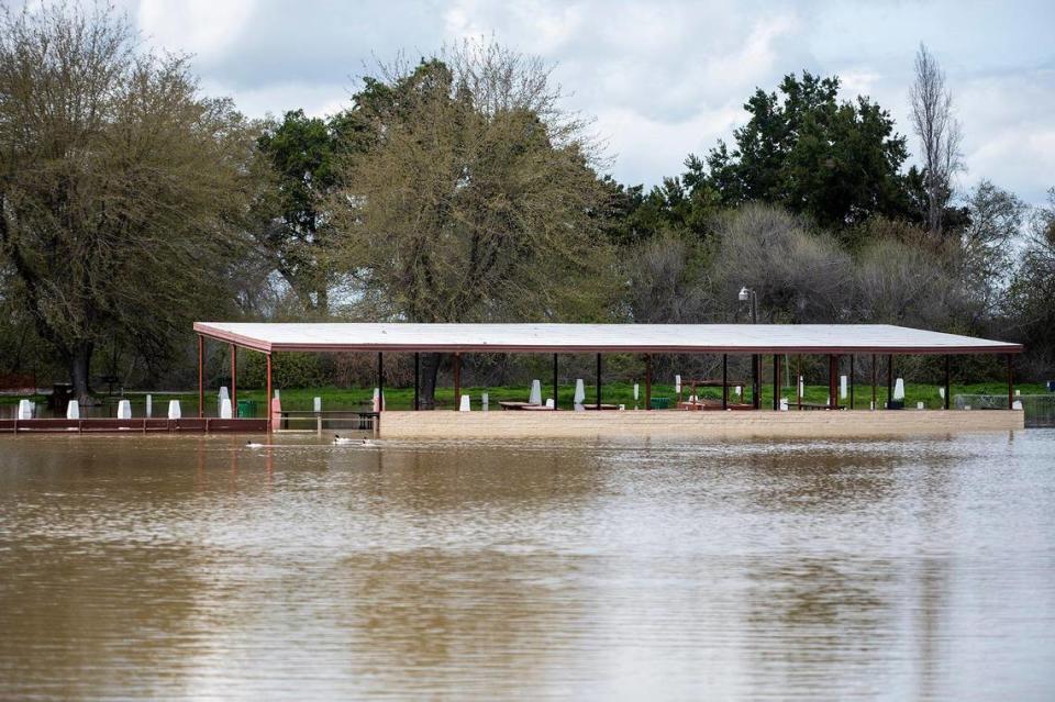 A flooded section of Hagaman Park as the Merced River remains above flood stage in Livingston, Calif., on Sunday, April 2, 2023.