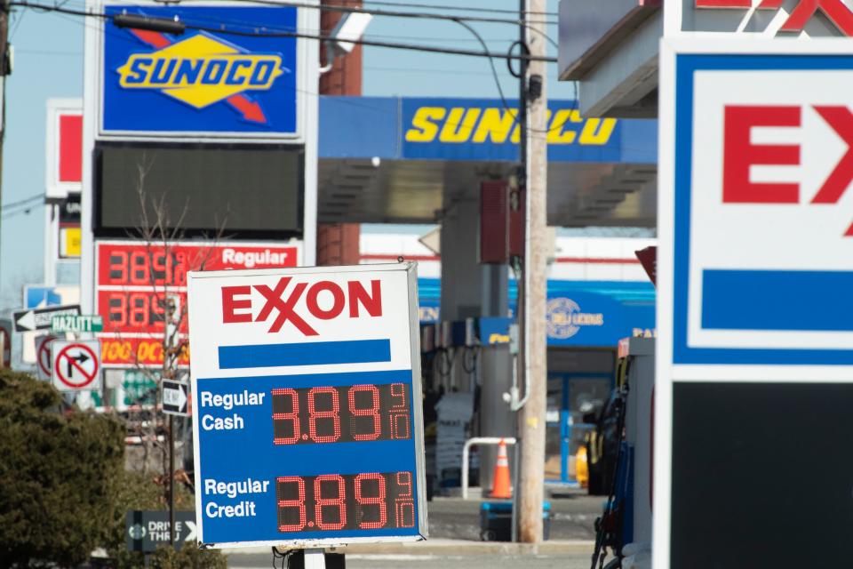 Gas stations along Route 46 selling gas for $3.89 a gallon in Fort Lee, N.J. on Friday March 4, 2022. 