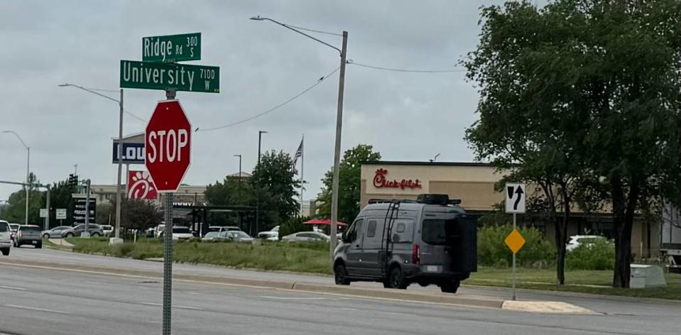 The view of Chick-fil-A from the corner of Ridge and University, where Wichita’s first Raising Cane’s restaurant will open