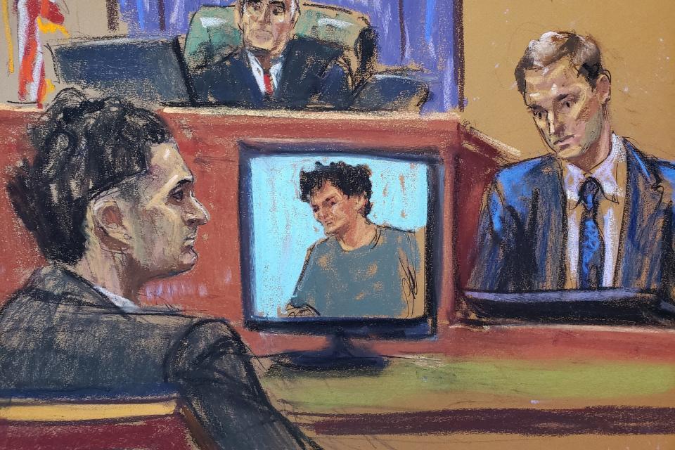 A courtroom sketch from the second day of United States v. Samuel Bankman-Fried, showing Bankman-Fried watching one of FTX's ads (which featured himself quite prominently) on a screen, while Judge Lewis Kaplan and witness Marc-Antoine Julliard look over to him.