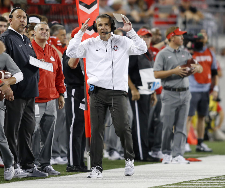 Ohio State coach Urban Meyer reacts to a play against Oklahoma on Saturday, Sept. 10. (AP)