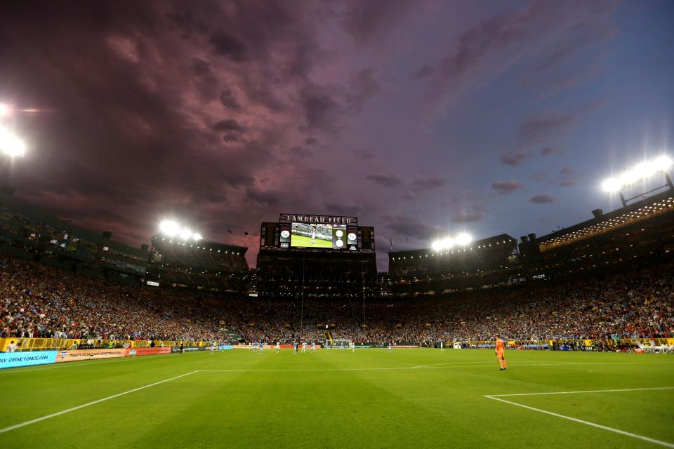 The sky finally clears up after dramatic weather cause two delays to the exhibition match between FC Bayern Munich and Manchester City on Saturday, July 23, 2022 at Lambeau Field in Green Bay, Wis. Samantha Madar/USA TODAY NETWORK-Wis 