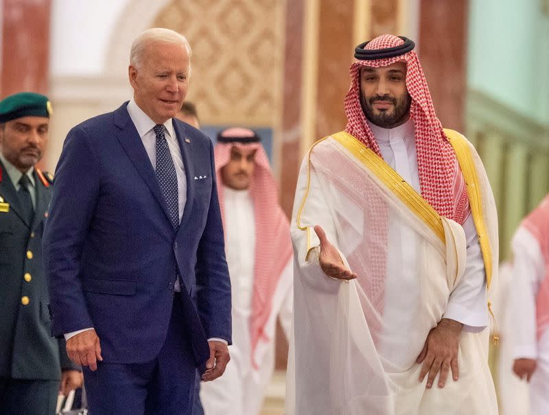 Saudi Crown Prince Mohammed bin Salman receives U.S. President Joe Biden at Al Salman Palace upon his arrival in Jeddah