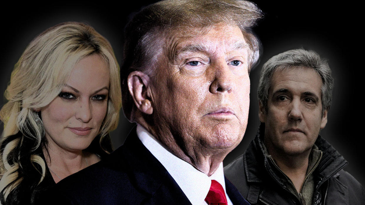 Stormy Daniels, Donald Trump and Michael Cohen. (Photo illustration: Kelli R. Grant/Yahoo News; photos: JC Olivera/Getty Images, Anna Moneynaker/Getty Images, Mary Altaffer/AP)
