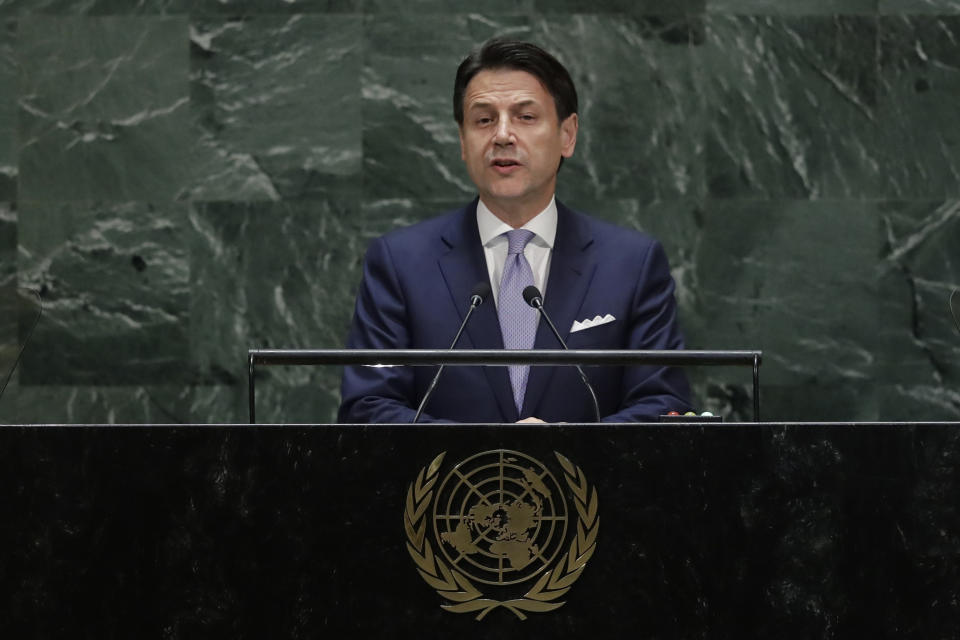 FILE - In this Tuesday, Sept. 24, 2019 file photo, Italy's Prime Minister Giuseppe Conte addresses the 74th session of the United Nations General Assembly, at the United Nations headquarters. When Giuseppe Conte exited the premier’s office, palace employees warmly applauded in him appreciation. But that’s hardly likely to be Conte’s last hurrah in politics. Just a few hours after the handover-ceremony to transfer power to Mario Draghi, the former European Central Bank chief now tasked with leading Italy in the pandemic, Conte dashed off a thank-you note to citizens that sounded more like an ’’arrivederci″ (see you again) then a retreat from the political world he was unexpectedly propelled into in 2018. (AP Photo/Frank Franklin II, File)