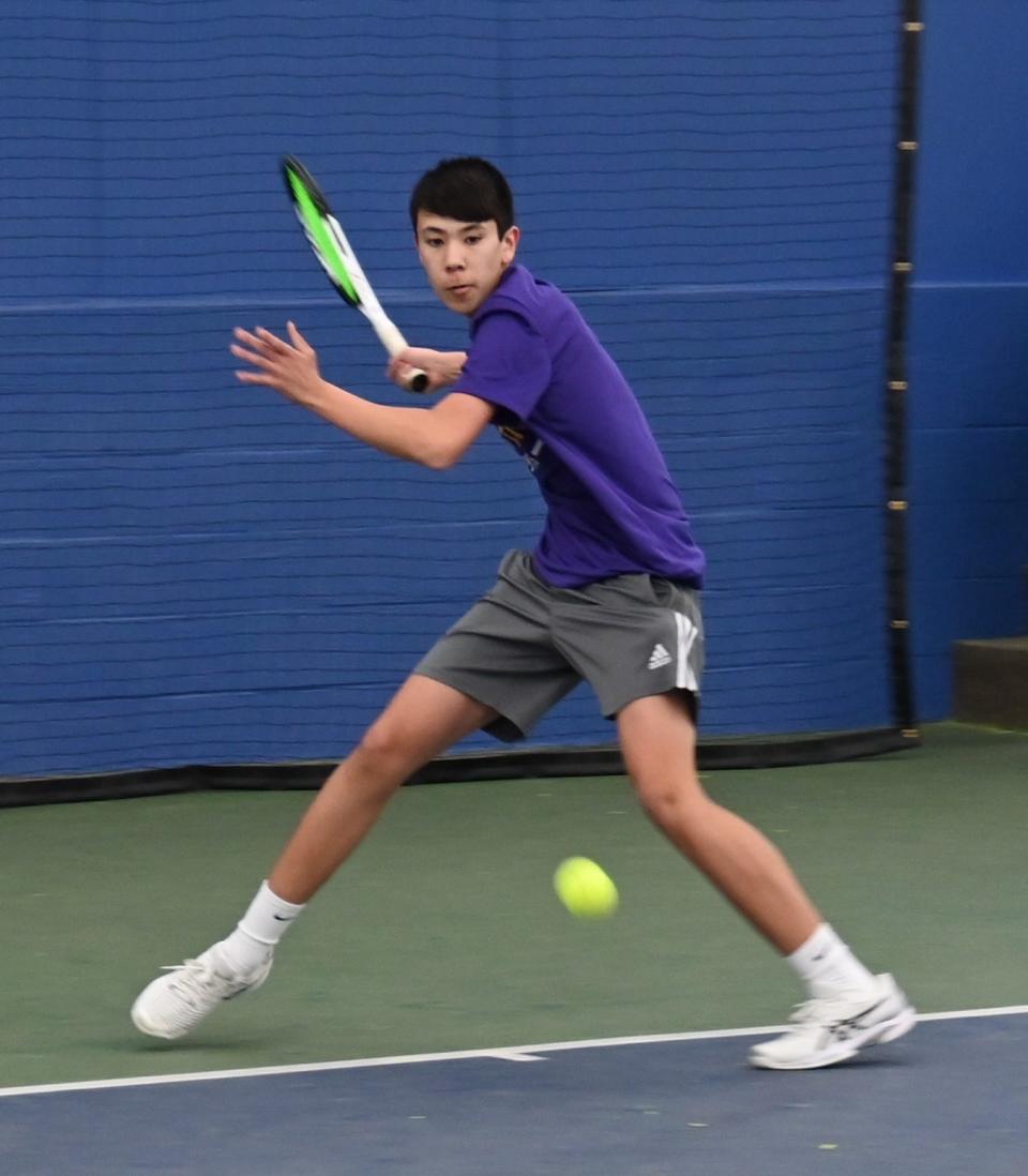 Lexington's Ethan Remy loads up to fire back a shot during an early season match this spring.