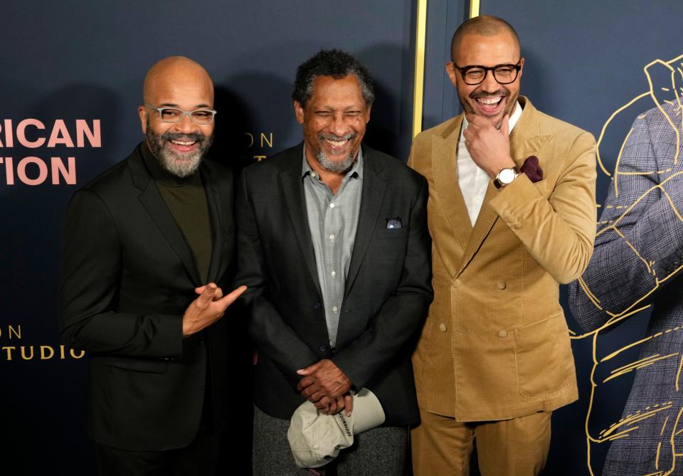 "American Fiction" star Jeffrey Wright (far left) poses with Percival Everett, author of "Erasure" (upon which the movie is based), and writer/director Cord Jefferson at an Academy of Motion Picture Arts and Sciences screening.