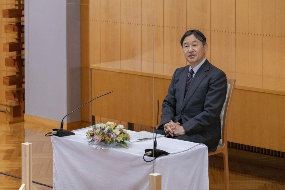 In this Feb. 19, 2021, photo provided by the Imperial Household Agency of Japan, Japan's Emperor Naruhito speaks during a press conference on the occasion of his 61st birthday on Feb. 23 at Akasaka Palace in Tokyo. Naruhito celebrated 61st birthday on Tuesday, Feb. 23, 2021. (The Imperial Household Agency of Japan via AP)