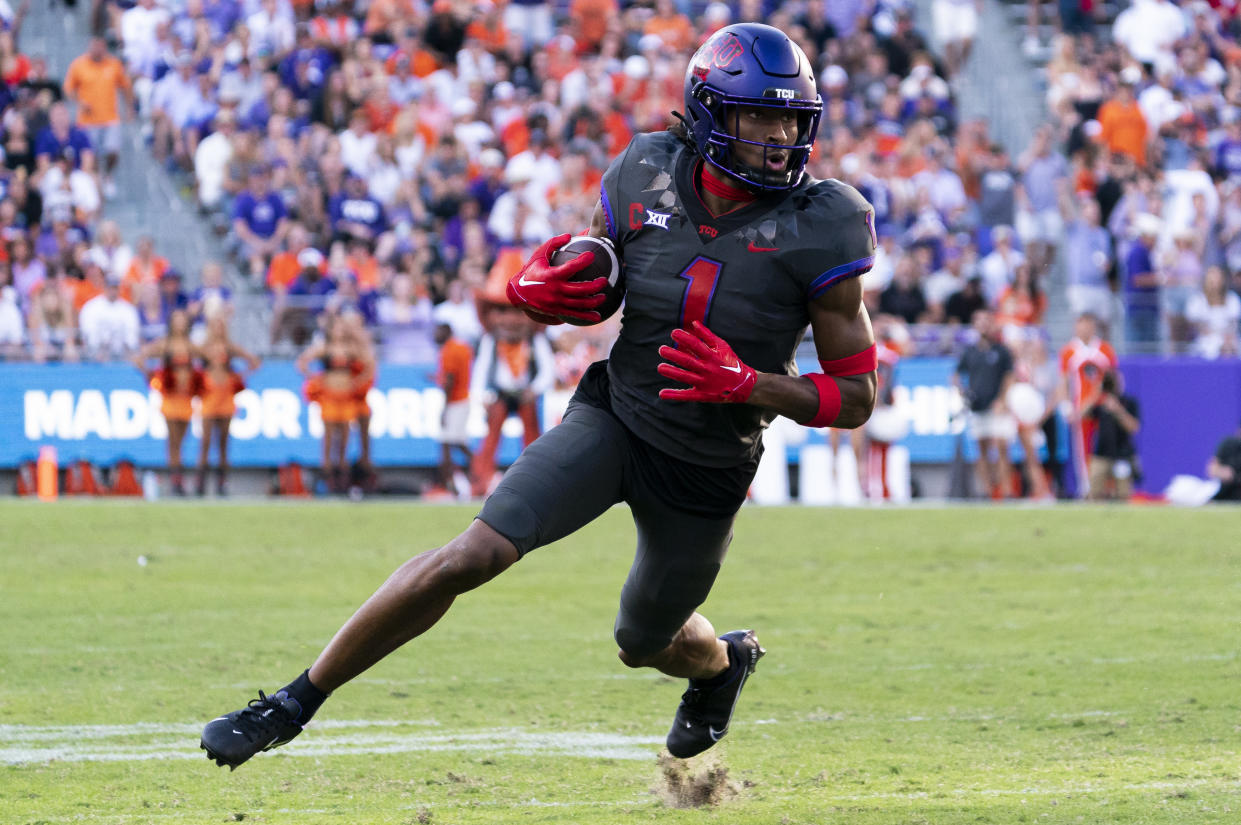 TCU wide receiver Quentin Johnston (1) has helped the Horned Frogs become the final undefeated team remaining in the Big 12. (AP Photo/Sam Hodde)