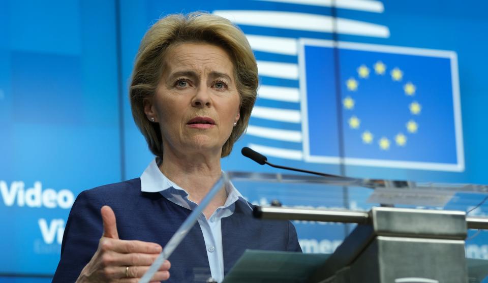 European Commission President Ursula von der Leyen gives a press conference on April 23. (Photo: OLIVIER HOSLET via Getty Images)