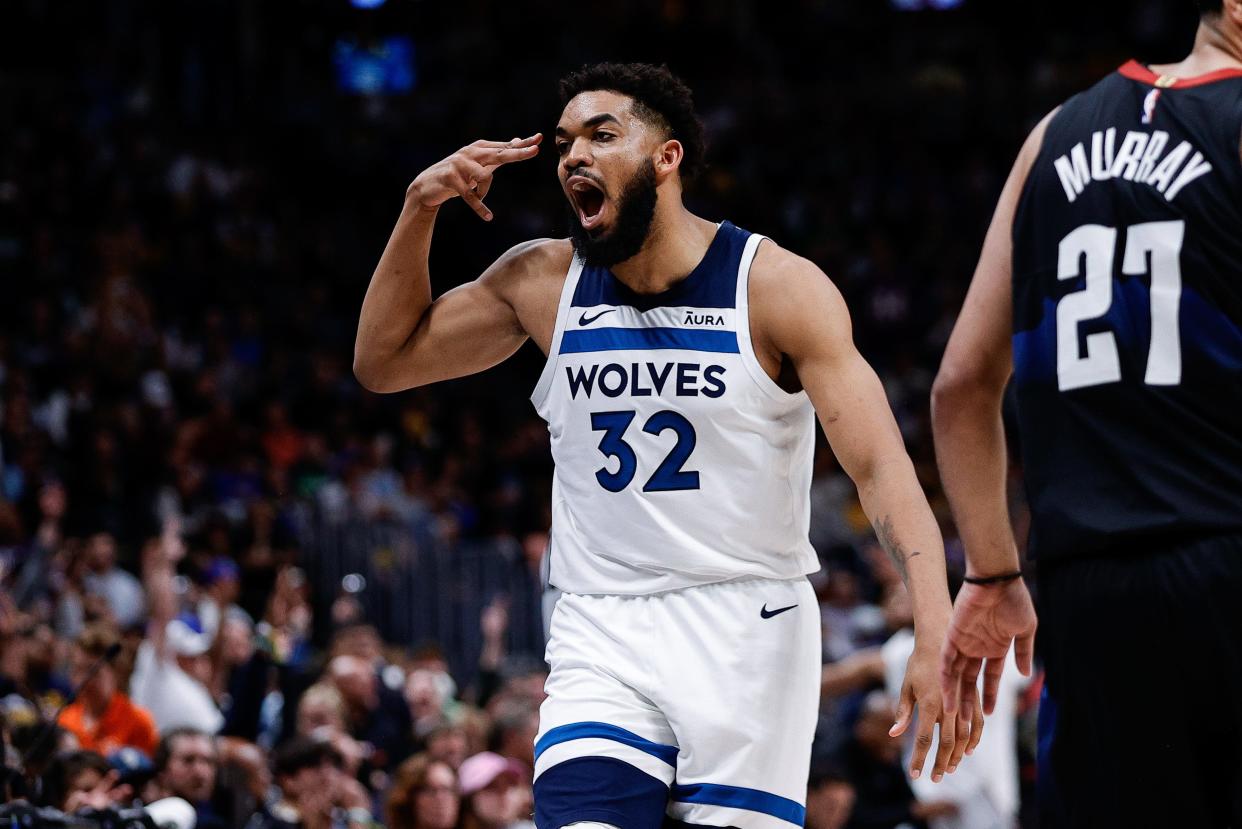 Karl-Anthony Towns reacts during the Timberwolves' Game 2 win over the Nuggets.