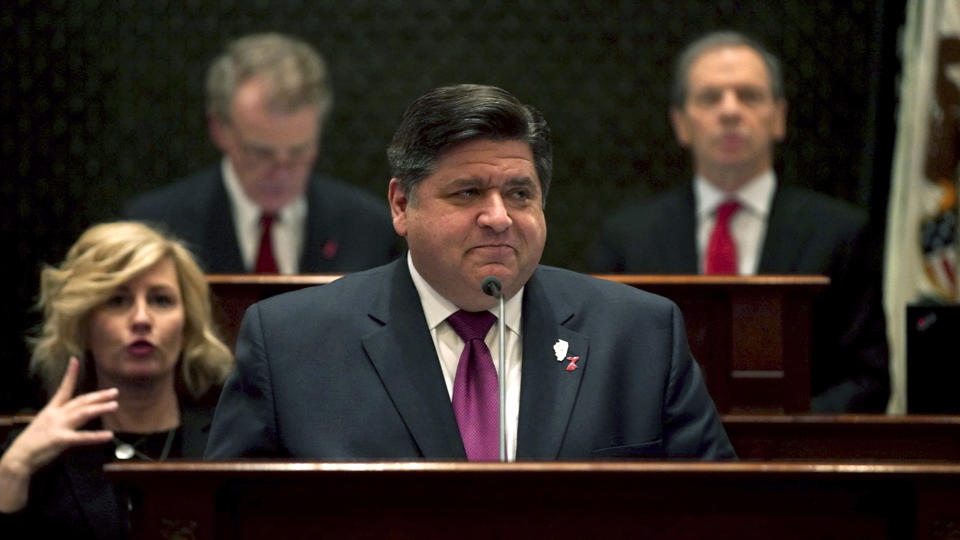 Gov. J.B. Pritzker delivers his first budget address on Wednesday, Feb. 20, 2019 to a joint session of the Illinois House and Senate at the Illinois State Capitol building in Springfield. (E. Jason Wambsgans/Chicago Tribune via AP, Pool)