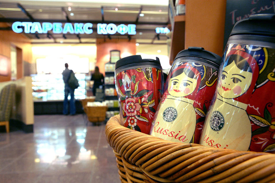 Coffee mugs are displayed in a basket in the newly opened Starbucks store in the Khimki-Mega shopping mall, near Moscow, Russia, on Sept. 6 2007.<span class="copyright">Dmitry Beliakov—Bloomberg/Getty Images</span>