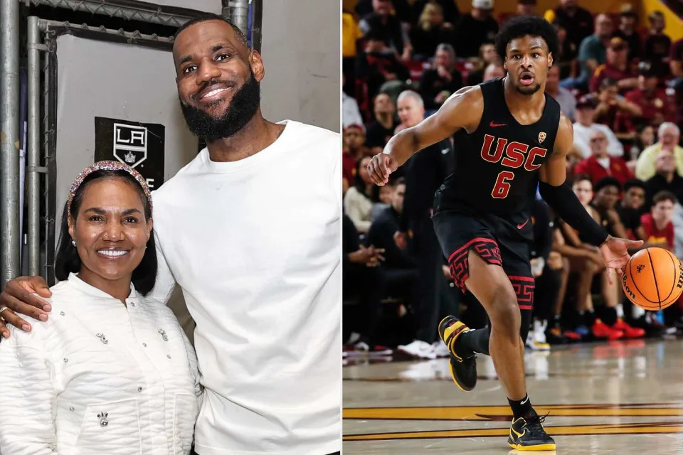 <p>Jim Poorten/NBAE via Getty, Kevin Abele/Icon Sportswire via Getty</p> LeBron James and his mother Gloria, Bronny James of USC Basketball