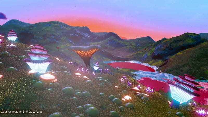 Strange mushrooms sit in an alien landscape. 