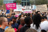 <p>Demonstrators rally before the speech by Richard Spencer, an avowed white nationalist and spokesperson for the so-called alt-right movement, on the campus of the University of Florida in Gainesville, Fla., Oct.19, 2017. (Photo: Shannon Stapleton/Reuters) </p>