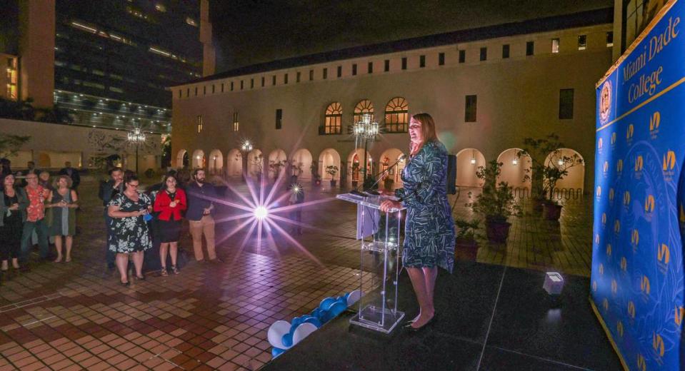 Madeline Pumariega, the first female president to lead Miami Dade College speaks at HistoryMiami Museum as a new exhibition opens about Miami Dade College (MDC), “An Institution for All: The Unparalleled Story of Miami Dade College, 1960-2021.” The exhibition is part of a series of events surrounding the investiture of the new MDC President.