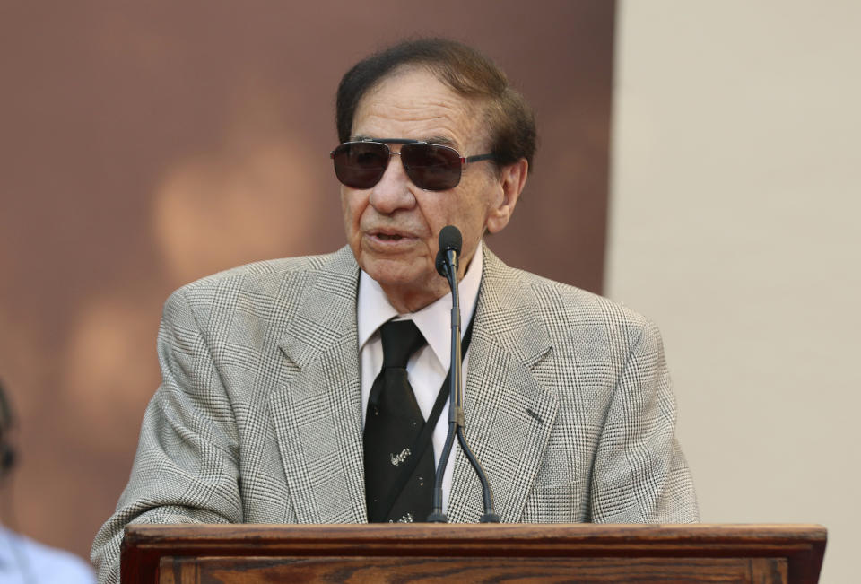 FILE - Richard M. Sherman speaks at the ceremony honoring the Sherman Brothers with the rename of Disney Studios Soundstage A at the World Premiere of Disney's 