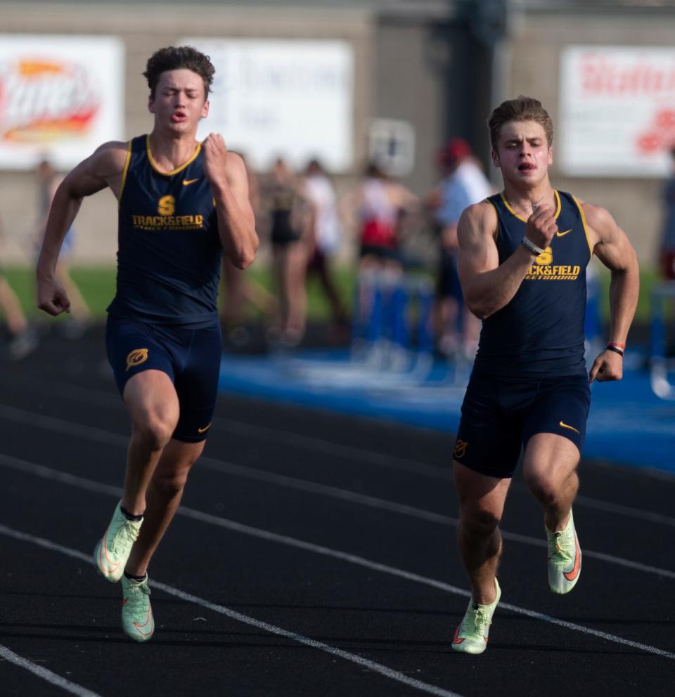 Metro Athletic Conference Track and Field Championship, day two, Thursday in Ravenna. Streetsboro's Preston Hopperton and Micah Schuster compete in the 100 meters.