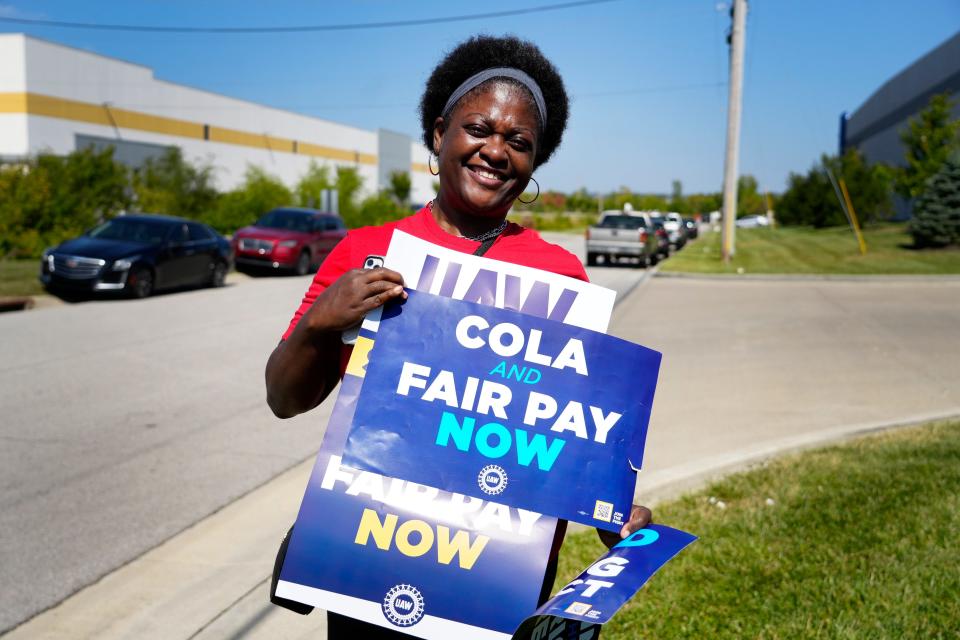 Kimberly Gray is a dock worker at GM’s Cincinnati Parts Distribution Center in West Chester. She was part of the walkout on Friday. She’s been with the company for 10 years and is topped out at $25 an hour. She also works at Amazon part time. She said, “I want fair pay for everybody.”