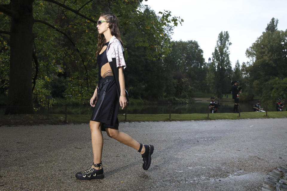 A model wears a creation for the Koche Spring-Summer 2021 fashion collection, Tuesday, Sept. 29, 2020, during Paris fashion week. (Photo by Vianney Le Caer/Invision/AP)