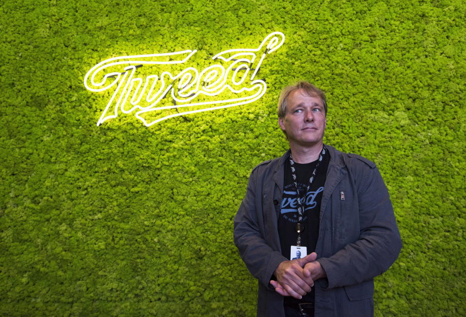 Tweed CEO Bruce Linton welcomes media to a new visitor centre at Canopy Growths Tweed facility in Smiths Falls, Ontario opens a new visitor centre on Thursday, Aug. 23, 2018. (THE CANADIAN PRESS/Sean Kilpatrick)