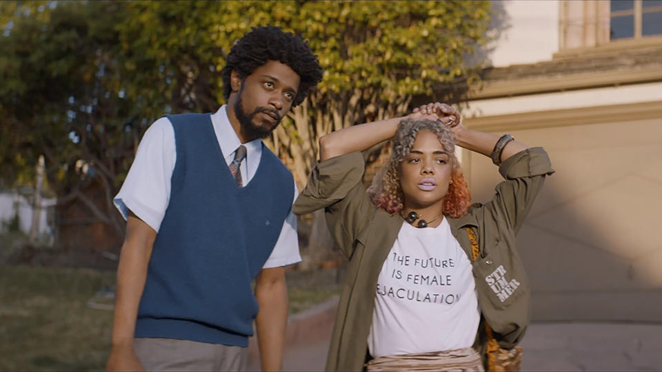 Lakeith Stanfield and Tessa Thompson in 'Sorry to Bother You'. (Credit: Universal)