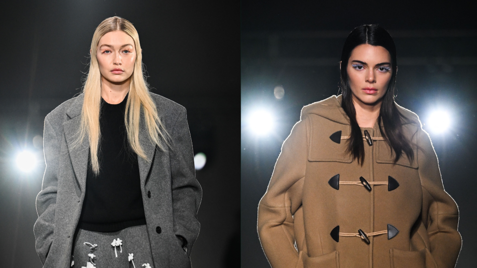 Models at Prada—including Gigi Hadid and Kendall Jenner (left to right)—strutted down the runway wearing colorful eyelashes.