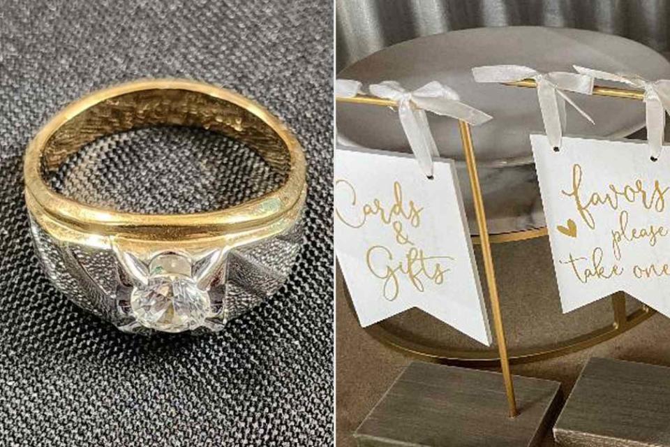 <p>Eric Tung; Laura Melish</p> Wedding ring and party favors sold by Blue Moon Estate Sales 