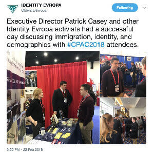 Patrick Casey, the head of white nationalist organization Identity Evropa, worked the crowd at the <a href="https://www.huffpost.com/entry/cpac-white-nationalists_n_5a971c92e4b09c872bb0e770?guccounter=1&amp;guce_referrer=aHR0cHM6Ly93d3cuZ29vZ2xlLmNvbS8&amp;guce_referrer_sig=AQAAAJowN7QYxDhye26d9Xd9OXkyHvrTmq2FprMmYAO8m3X3Gl_dDlNrNtvNoasjdIHfLh1euIe-4WSMjs8MD_I8-3IuPitlCzV-owVt7ybFTuIGxydMCDvC3f1g8JQSAV3mbxfXVSSbfiA_i9Zwr6L95cuAIqUj22g7IoO_2KnpWB-3" target="_blank" rel="noopener noreferrer">2018 Conservative Political Action Conference</a>. (Photo: Twitter)