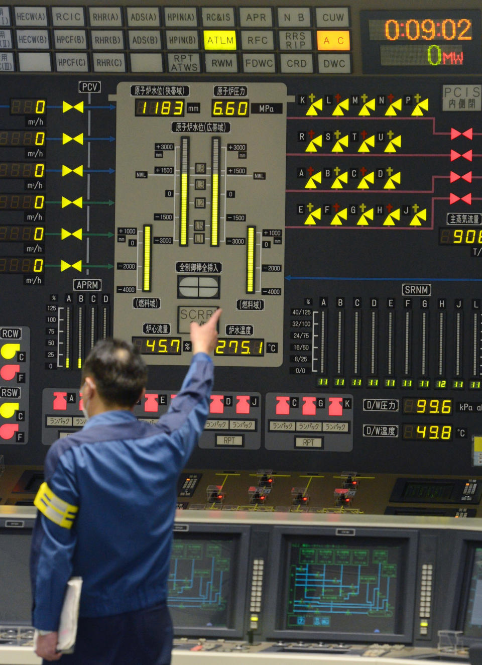 A worker gestures inside the central control room of the No. 6 reactor at the Tokyo Electric Power Company's nuclear power plant in Kariwa village in Kashiwazaki City, northwest of Tokyo early Monday, March 26, 2012, after it was taken off line. The nuclear reactor was taken off line for maintenance on Monday, leaving the country with only one of its 54 reactors operational following last year's devastating earthquake and tsunami. (AP Photo/Kyodo News) JAPAN OUT, MANDATORY CREDIT, NO LICENSING IN CHINA, HONG KONG, JAPAN, SOUTH KOREA AND FRANCE