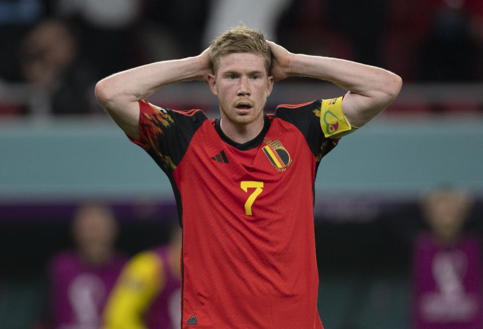 Belgium's Kevin de Bruyne reacts in disbelief during the 2022 World Cup match against Croatia. 