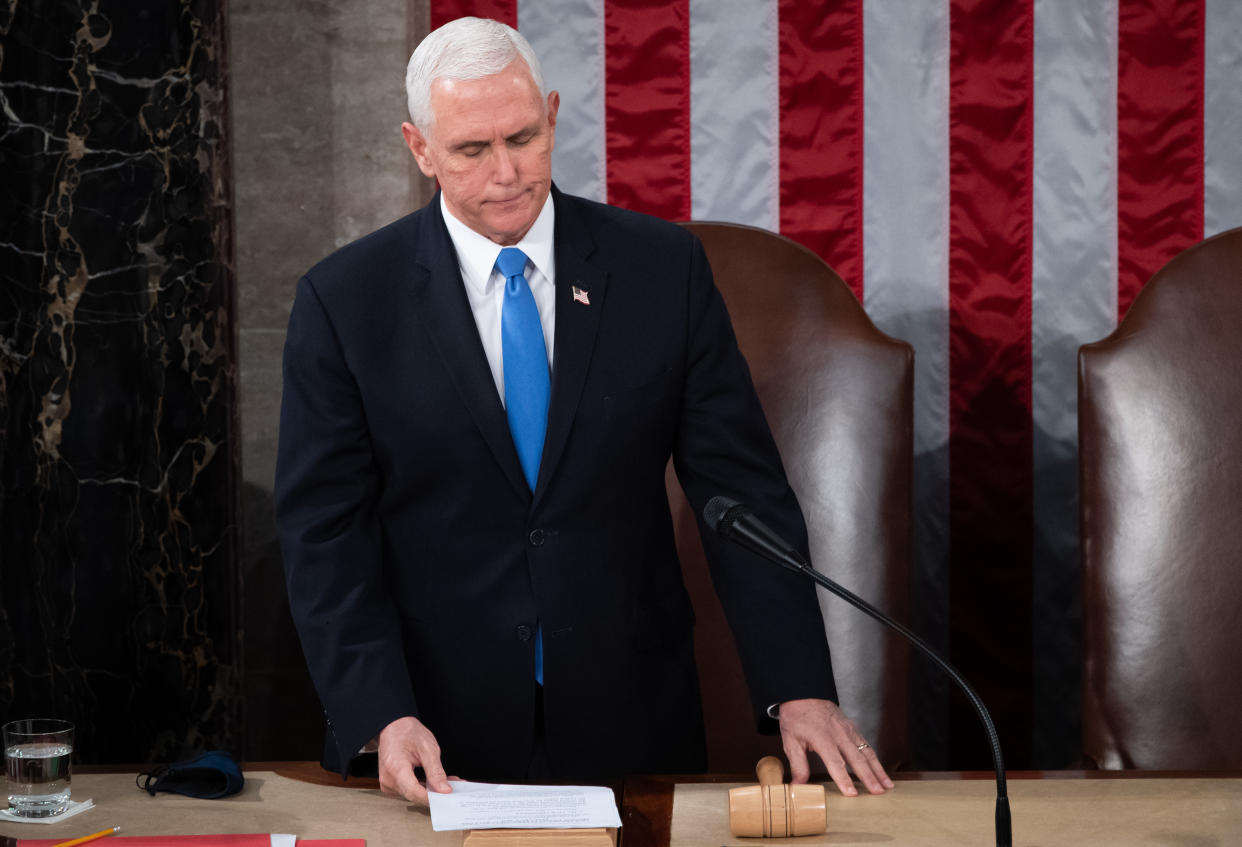 US Vice President Mike Pence presides over a joint session of Congress to count the electoral votes for President at the US Capitol in Washington, DC, January 6, 2021. (Saul Loeb/AFP via Getty Images)