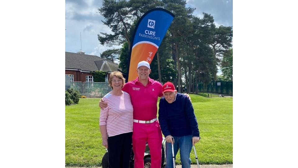 Mike Tindall with his parents Linda and Philip at golfing event