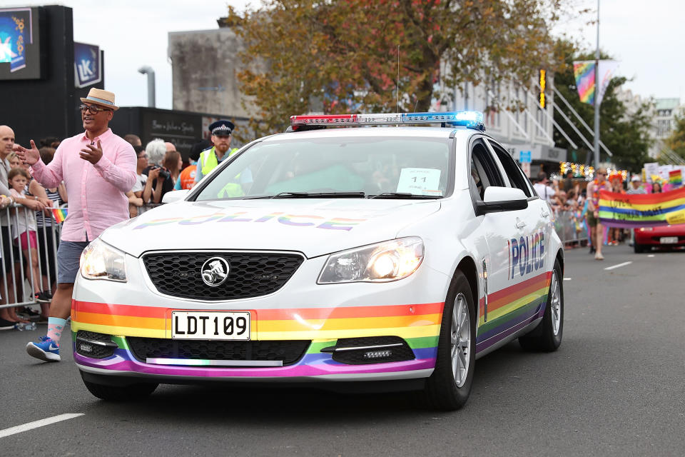 A rainbow police car joins the parade on Feb. 17, 2018 in Auckland, New Zealand.&nbsp;