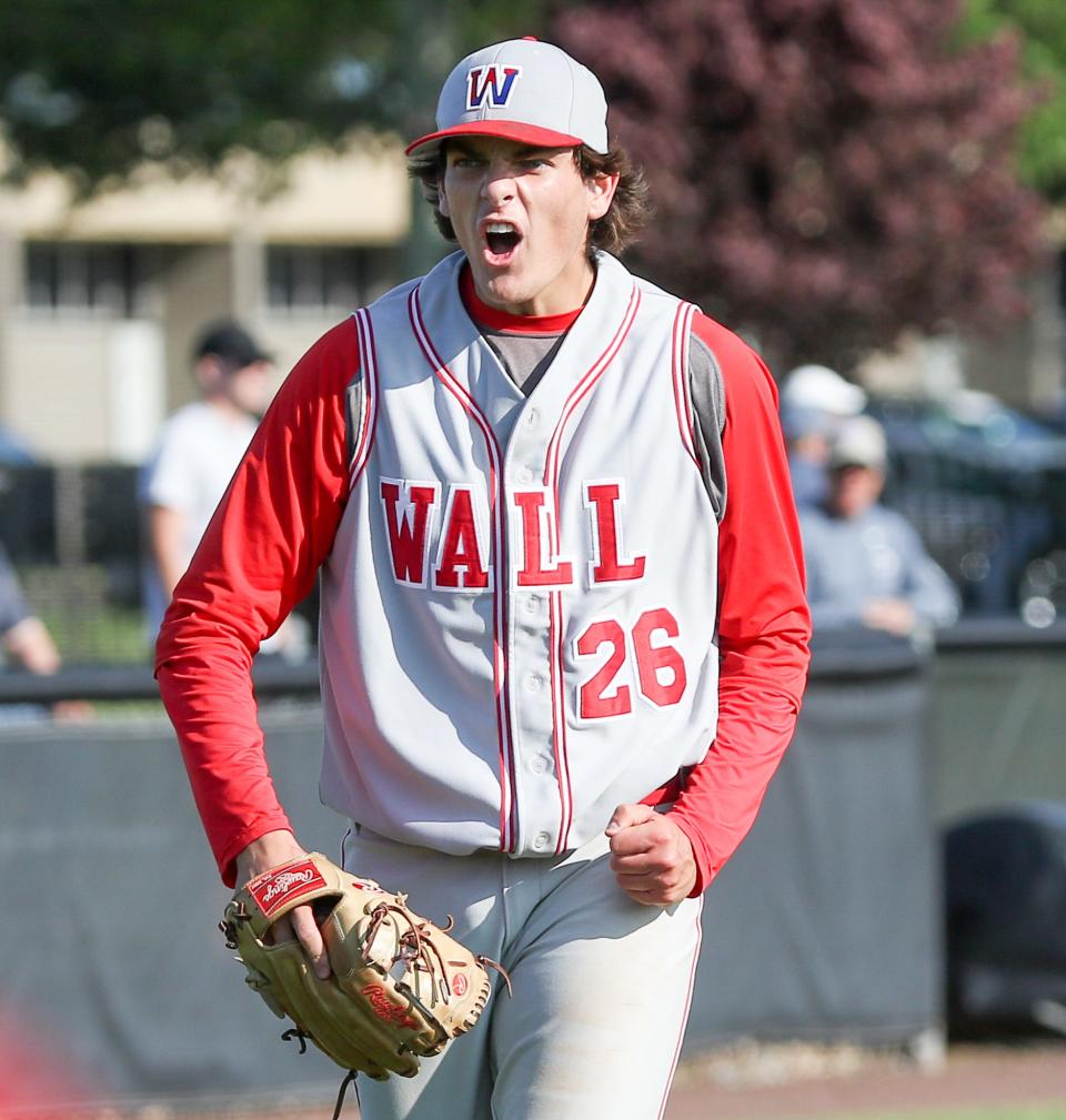 Winning pitcher, Wall's Trey Dombroski, reacts to the final out to win over Cherry Hill West 4-3 in the NJSIAA Group III Baseball Semifinal at East Brunswick Tech on June 3, 2019. (Photo by Keith Muccilli, Correspondent)