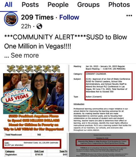 209 Times has accused the Board of Trustees and president AngelAnn Flores of wasting money for approving $1.1 million to send 540 teachers to Las Vegas this summer for a conference. The district is <a href="https://www.the74million.org/wp-content/uploads/2023/02/Agenda-Stockton-Unified-School-District-BoardDocs%C2%AE-Plus.pdf" rel="nofollow noopener" target="_blank" data-ylk="slk:not using relief funds;elm:context_link;itc:0;sec:content-canvas" class="link ">not using relief funds</a> to pay for the trip. (Screenshot from <a href="https://209times.com/stockton/susd-president-angelann-flores-to-spend-million-on-trip-to-vegas-for-supporters/" rel="nofollow noopener" target="_blank" data-ylk="slk:209 Times;elm:context_link;itc:0;sec:content-canvas" class="link ">209 Times</a>)