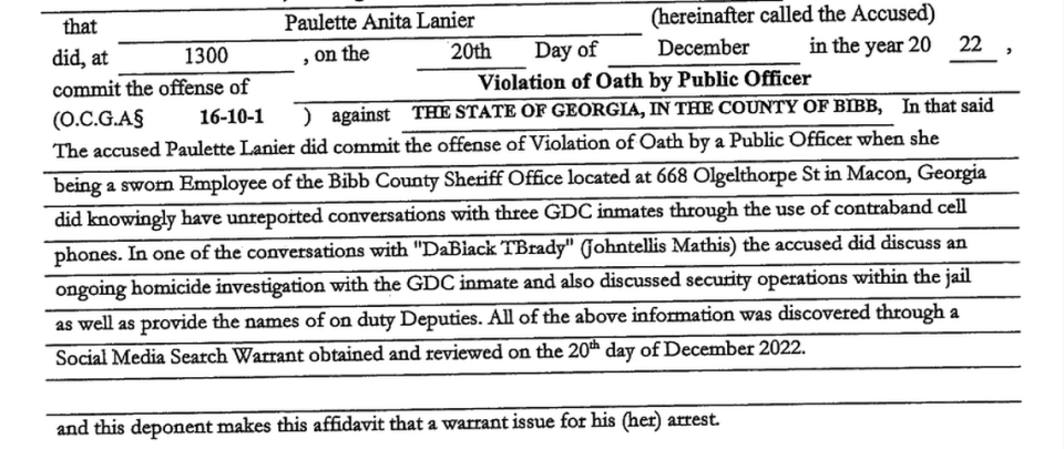 An image of an arrest warrant for Bibb County sheriff’s deputy Paulette Lanier.