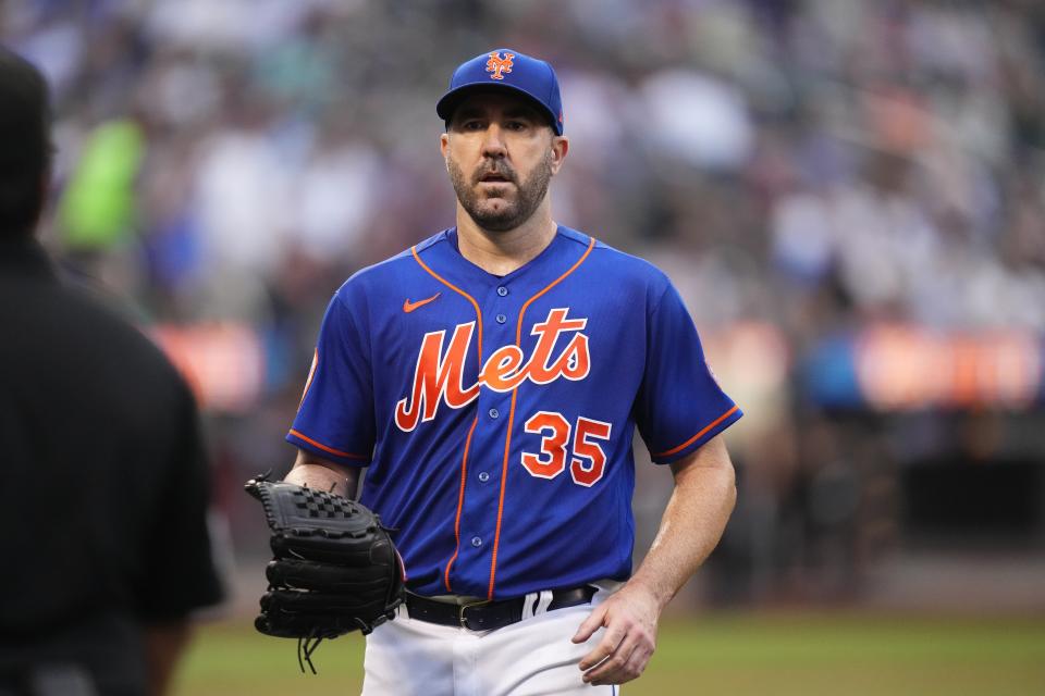 New York Mets starting pitcher Justin Verlander during the first inning of a baseball game against the Chicago White Sox Wednesday, July 19, 2023, in New York.  (AP Photo/Frank Franklin II)