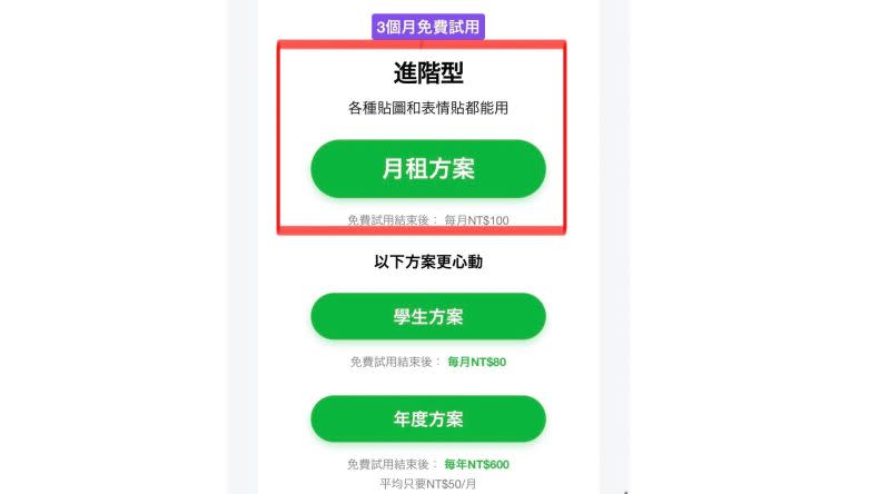 ▲首次訂購的用戶，免費試用建議選擇「進階型」的月租方案。（圖／取自LINE）