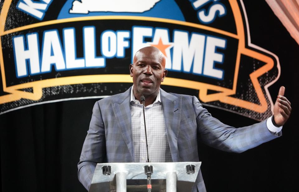 Tony Delk, a former Kentucky basketball and NBA player, was inducted into the Kentucky Sports Hall of Fame during a ceremony Monday at Freedom Hall.