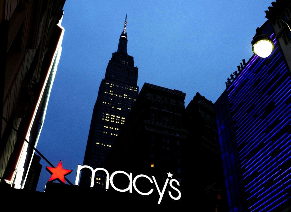 Copyright 2016 The Associated Press. All rights reserved. This material may not be published, broadcast, rewritten or redistributed without permission. Mandatory Credit: Photo by Mark Lennihan/AP/REX/Shutterstock (6222347a) A Macy's sign is illuminated on a store marquis, in New York Macys, New York, USA - 17 Sep 2016