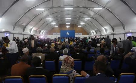 Somali lawmakers wait for their turn to cast their ballots during the presidential vote at the airport in Somalia's capital Mogadishu February 8, 2017. REUTERS/Feisal Omar