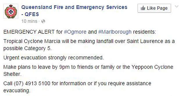 An emergency warning has been issued for residents in Ogmore and Marlborough. Source: Facebook