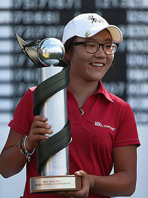 Lydia ko celebrates after winning the New Zealand Women's Golf Open at Clearwater Golf Course in 2013.