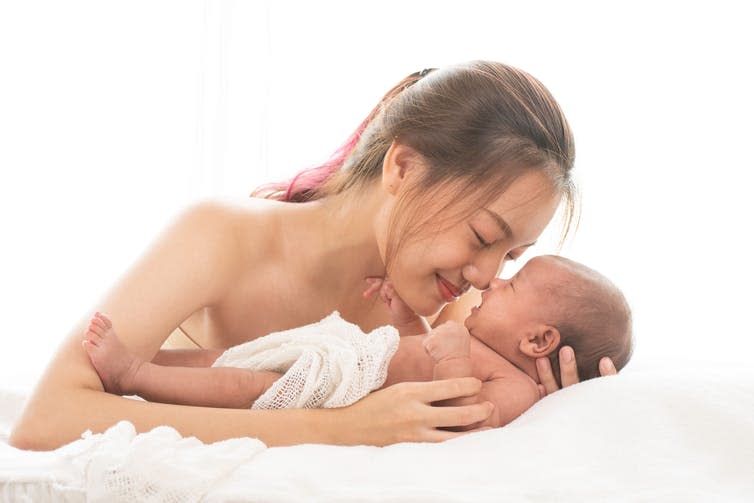 <span class="caption">Responsive parenting can help children grow up emotionally healthy.</span> <span class="attribution"><a class="link " href="https://www.shutterstock.com/image-photo/pretty-happy-young-modern-sexy-mom-1422078086?src=-1-2" rel="nofollow noopener" target="_blank" data-ylk="slk:S.thara/Shutterstock;elm:context_link;itc:0;sec:content-canvas">S.thara/Shutterstock</a></span>