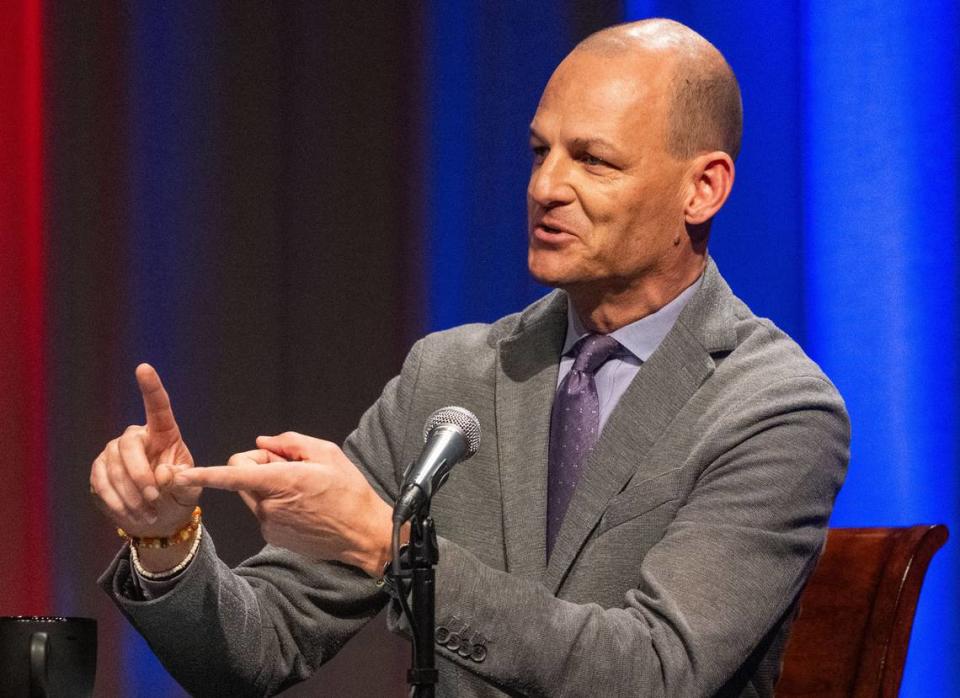 Sacramento mayoral candidate Kevin McCarty speaks during a Sacramento Bee-KVIE mayoral forum on Wednesday. He said he would keep police staffing levels steady to start.