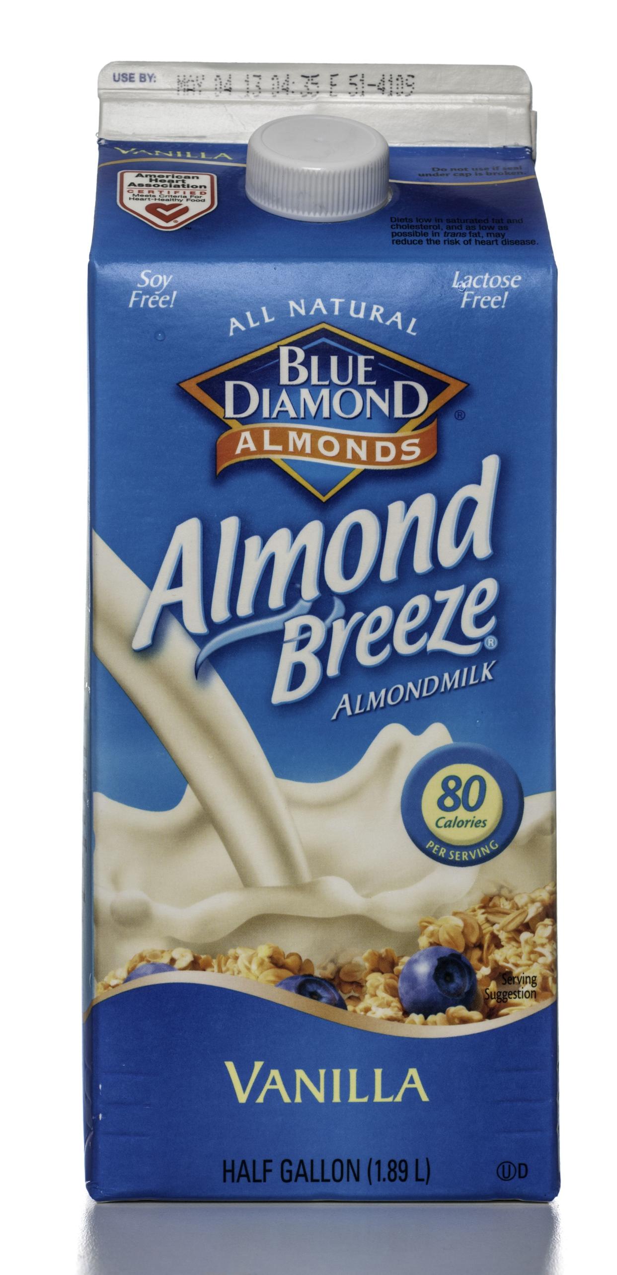 Miami, USA - April 04, 2013: Blue Diamond Almonds Breeze Vanilla Milk half gallon carton. Blue Diamond Almonds brand is owned by Blue Diamond Growers.