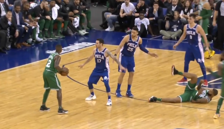 Ben Simmons lays out shoulder charge on Celtics opponent.